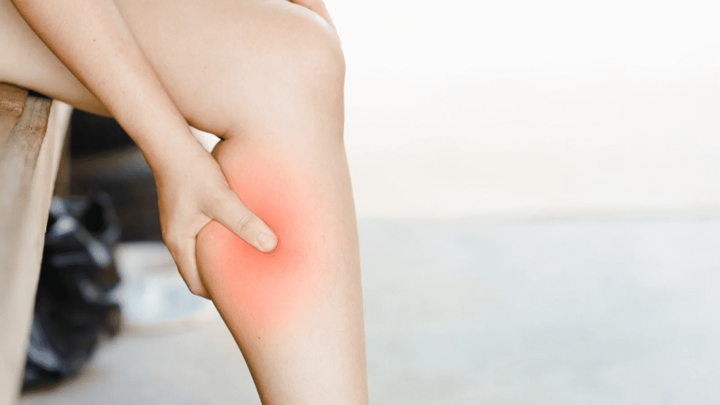 夜中に足が攣りやすいふくらはぎの痛みを示すイメージ