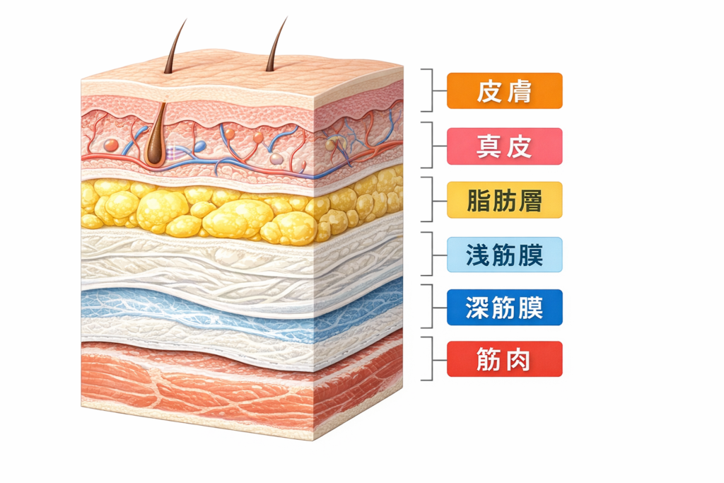 皮膚 真皮 脂肪層 浅筋膜 深筋膜 筋肉 層構造 イラスト理学療法士 金沢区 京急富岡