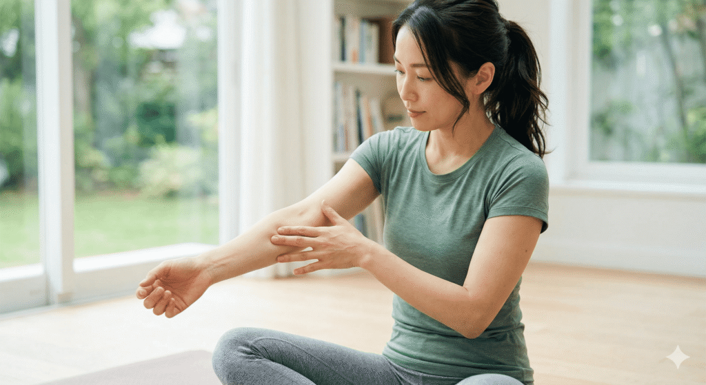 前腕の皮膚と筋膜を動かすセルフケア 方法 ストレッチ前 準備 理学療法士 解説