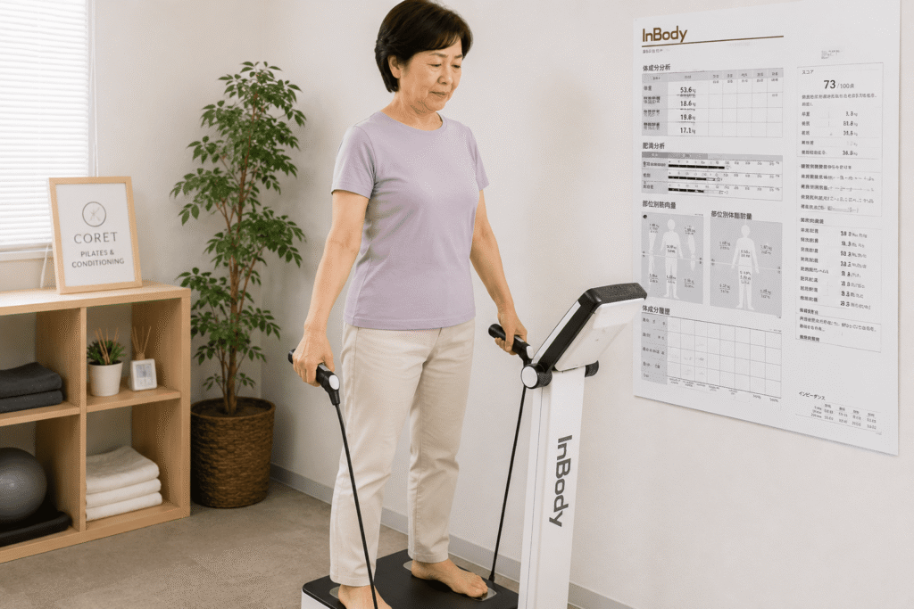 InBodyで体組成測定を受ける60代女性。筋肉量や体脂肪量、身体バランスを確認している様子