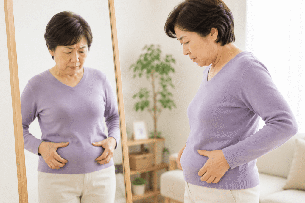 鏡の前でお腹周りの体型変化を気にする60代女性。加齢による筋肉量低下や姿勢の変化に悩む様子