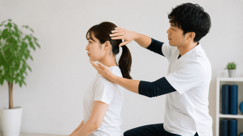 理学療法士が頭の位置や頸椎のアライメントを評価している様子