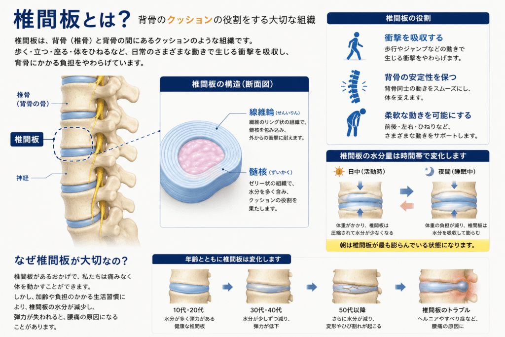 椎間板の構造や役割、水分量の変化を図解で説明したイラスト。睡眠中に椎間板が水分を吸収し、朝は膨らんだ状態になることで腰への負担が高まりやすい仕組みを解説しています。