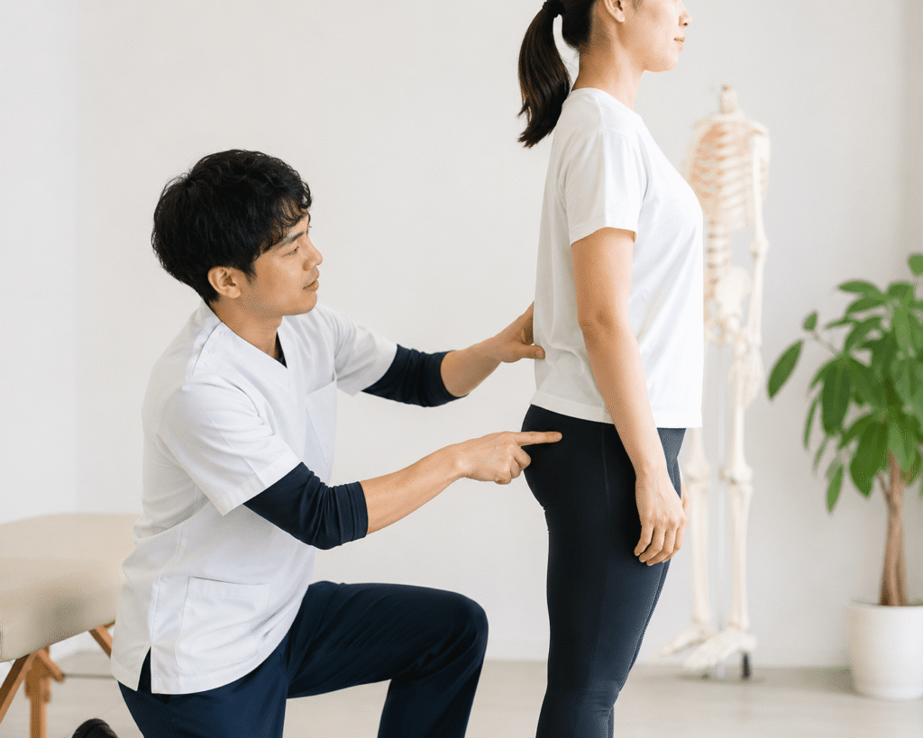 理学療法士が立位姿勢で骨盤の前傾後傾を評価している様子