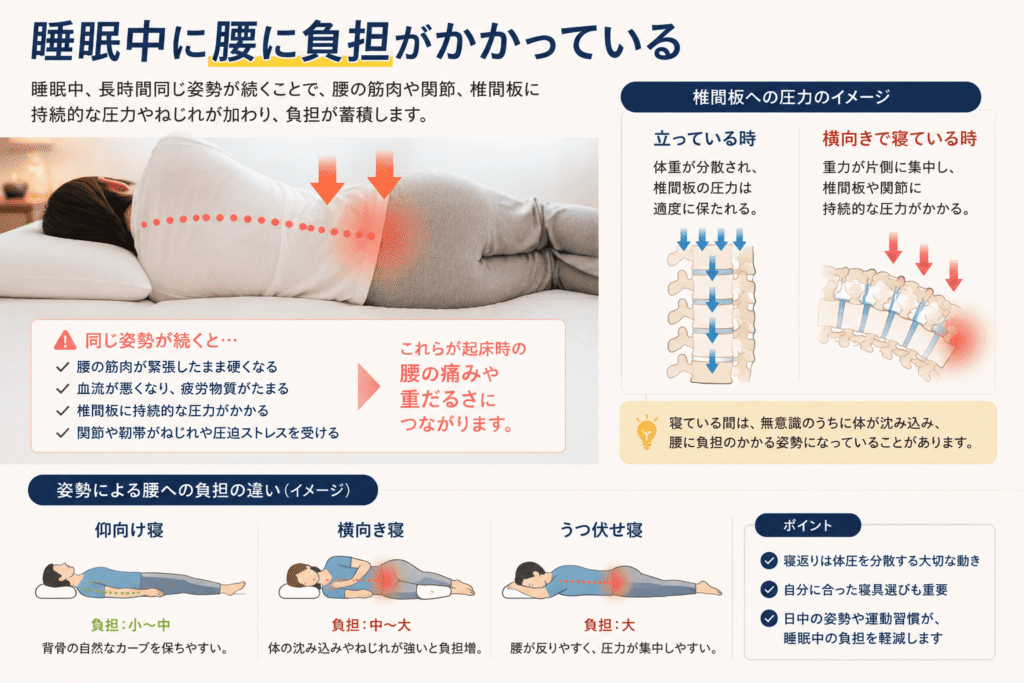 睡眠中に同じ姿勢が続くことで腰の筋肉や椎間板へ負担がかかる仕組みを図解したイラスト。起床時に腰痛が起こる原因や姿勢による負担の違いを説明しています。