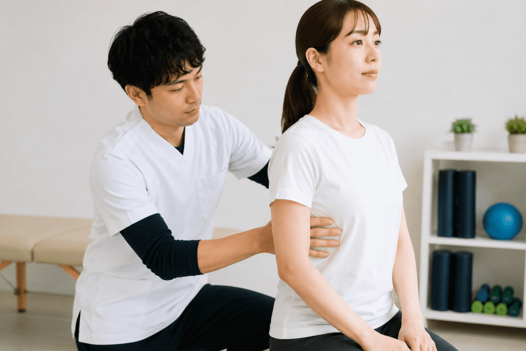 理学療法士が胸郭の動きや呼吸の深さを評価している様子