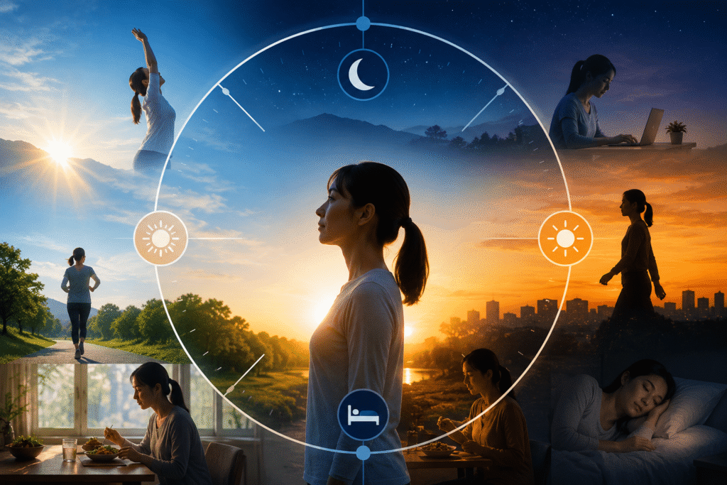 朝から夜までの生活リズムとサーカディアンリズム(体内時計)の変化を表現したイメージ画像