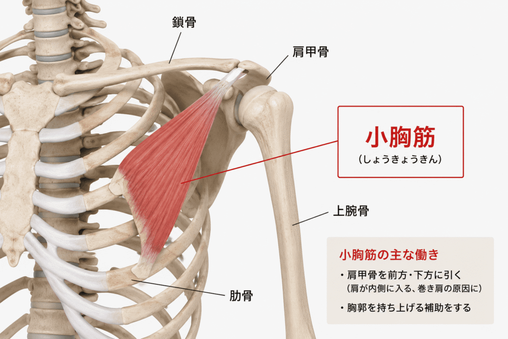 小胸筋の位置と肩甲骨・肋骨とのつながりを示した解剖学イメージ