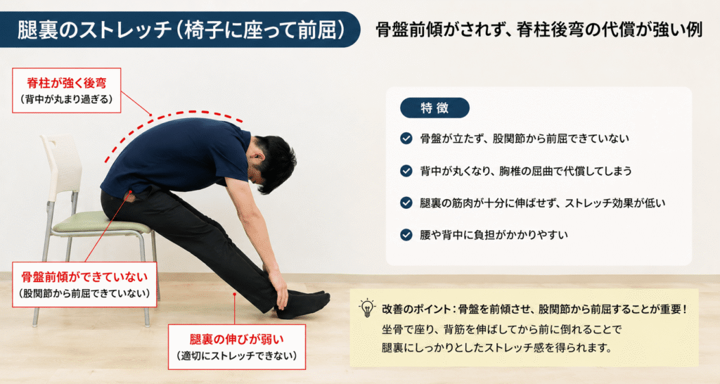 椅子に座った腿裏ストレッチで骨盤前傾できず脊柱後弯で代償している例
