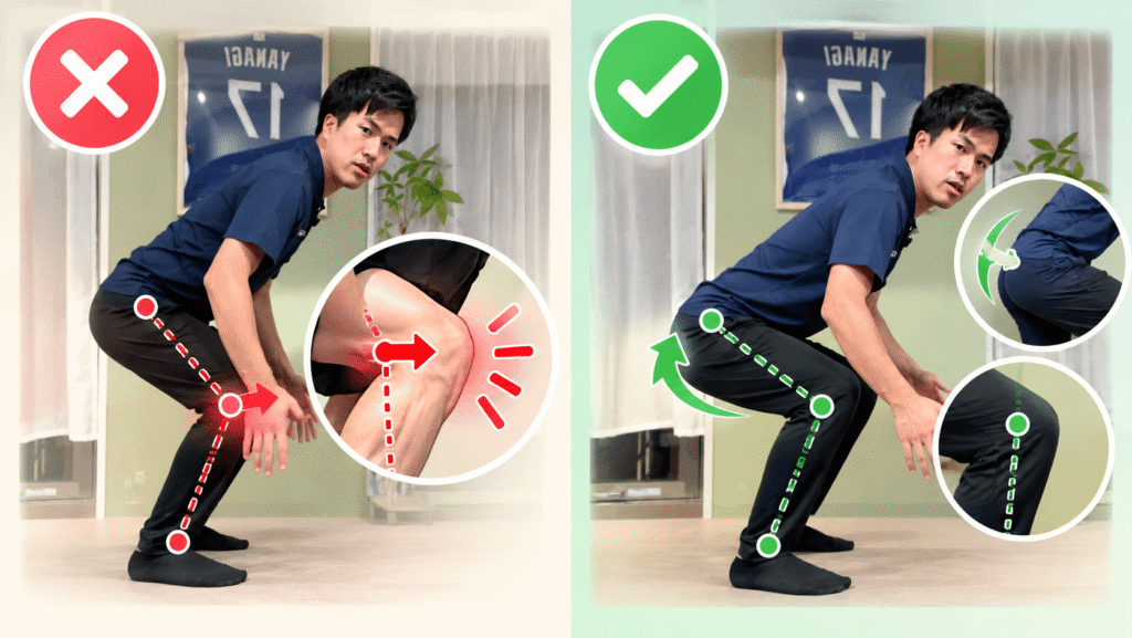 膝への負担を考えたスクワットの体の使い方を比較した画像