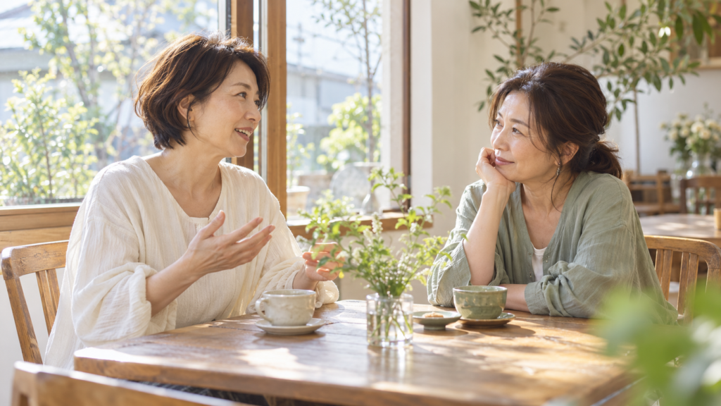日差しの入るカフェで、お茶を飲みながら穏やかに会話する二人の女性