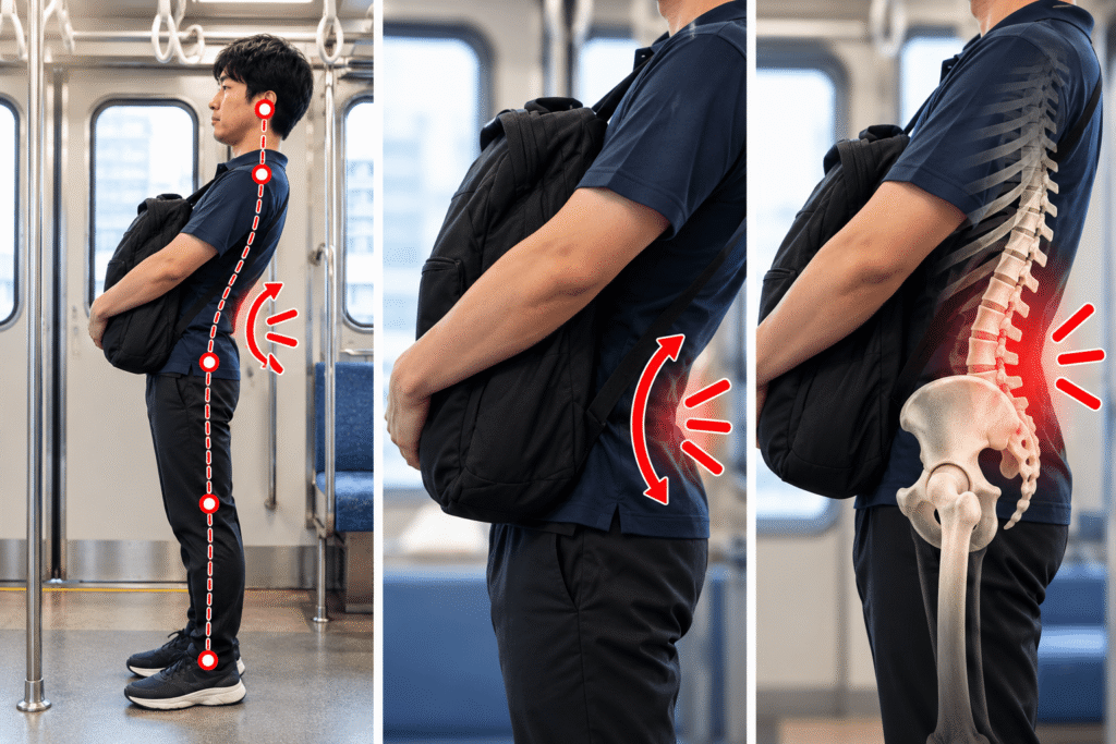電車でリュックを前に抱え腰を反って立つ姿勢と腰への負担
