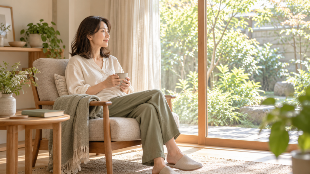 窓辺の椅子に座り、お茶を手に庭を眺めながらくつろぐ女性